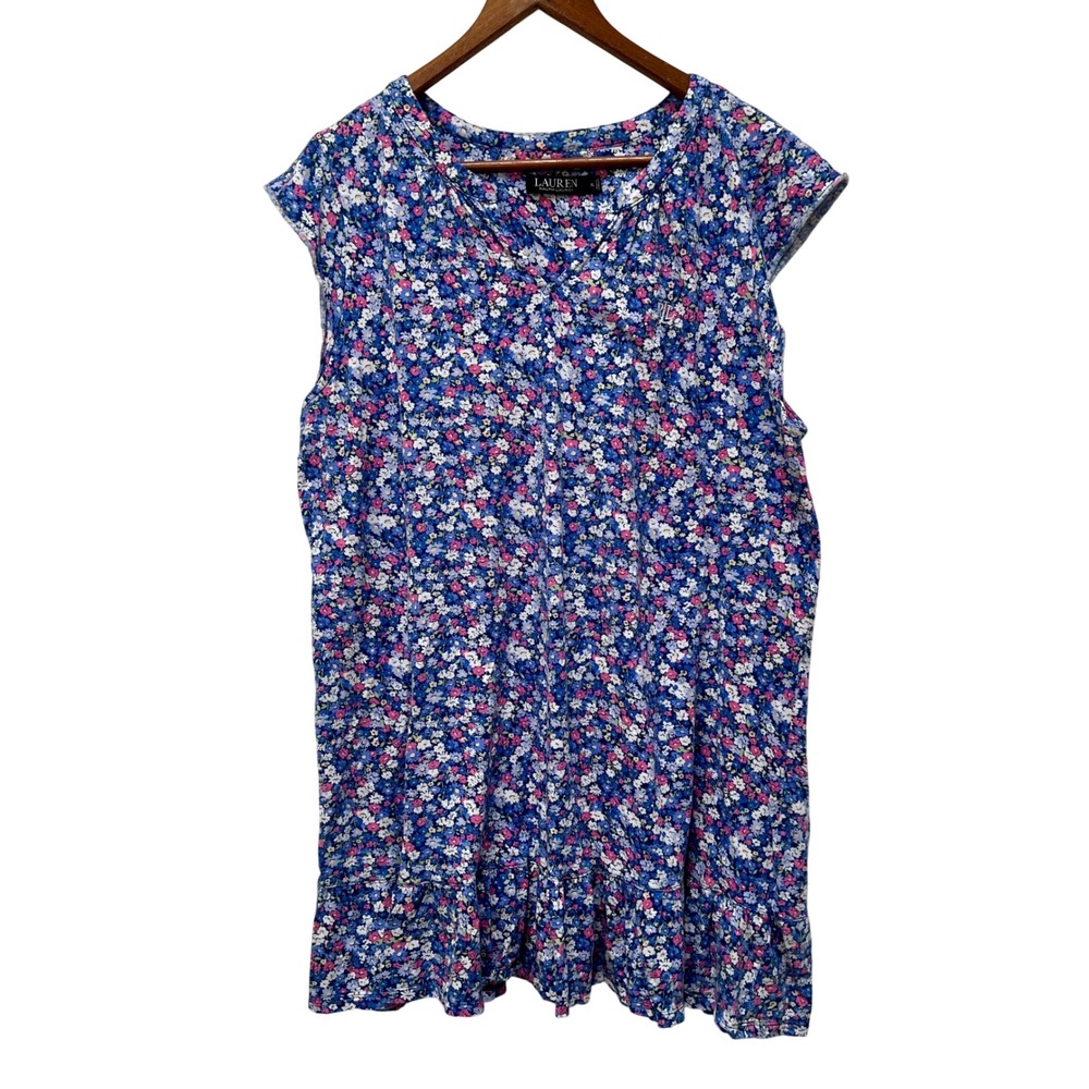 Lauren Ralph Lauren Blue Floral Ditsy Ruffle Hem Nightgown XL Cottage Ruffle